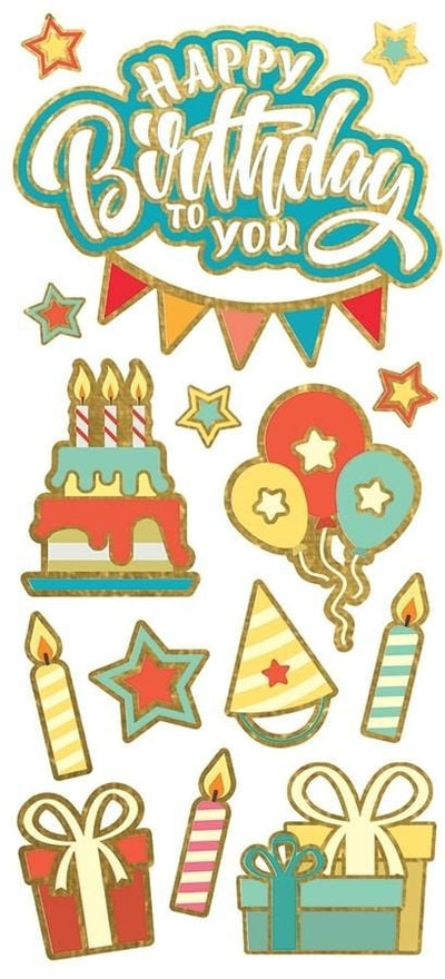 foil stickers featuring illustrated birthday cake, candles and balloons with gold foil details.