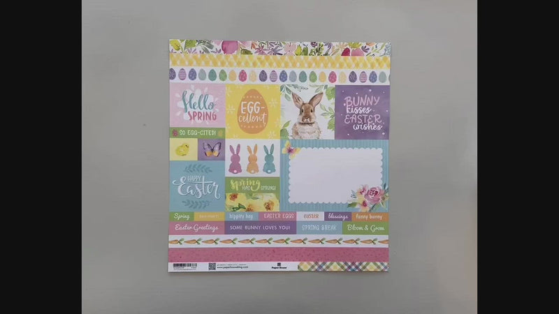 Female hands pick up scrapbook paper featuring pastel spring and easter illustrations and sentiments on one side, and a pastel plaid pattern on the reverse.