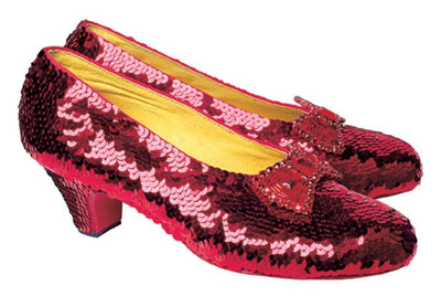 die cut note card featuring photo real ruby slippers, shown on white background.