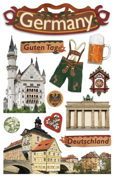 3D scrapbook sticker featuring Germany, lederhosen and castles.