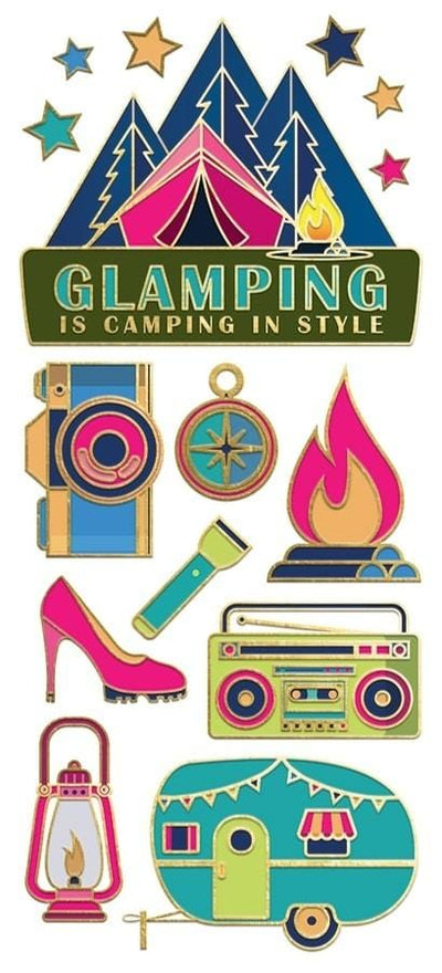 foil stickers featuring colorful glamping illustrations with gold foil accents, shown on white background.