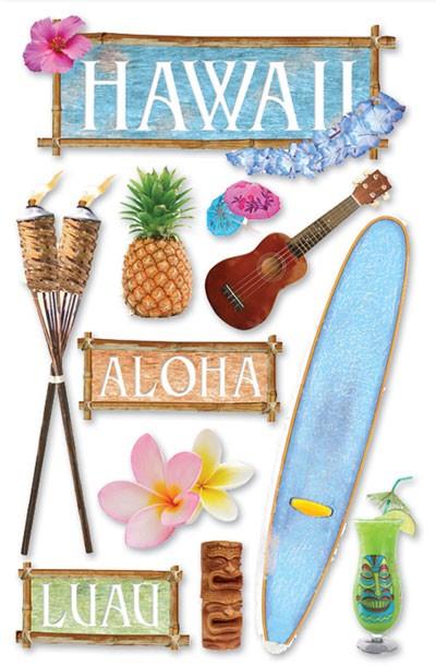 3D scrapbook stickers featuring colorful Hawaii signs, a tiki torch and surf board. 
