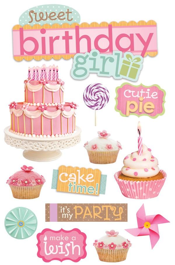 3D scrapbook stickers featuring birthday girl themed imagery with pink details.