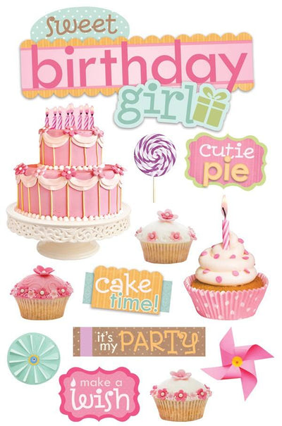 3D scrapbook stickers featuring birthday girl themed imagery with pink details.