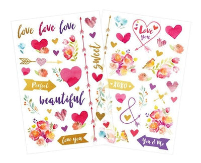 2 sheets of clear scrapbook stickers featuring watercolor hearts, flowers and arrows, shown on white background.