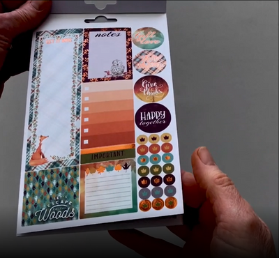 Female hands pick up and flip through the pages of the "Autumn Woods" planner stickers booklet to show each page of stickers in detail. There are four pages in this sticker book by Paper House Productions.