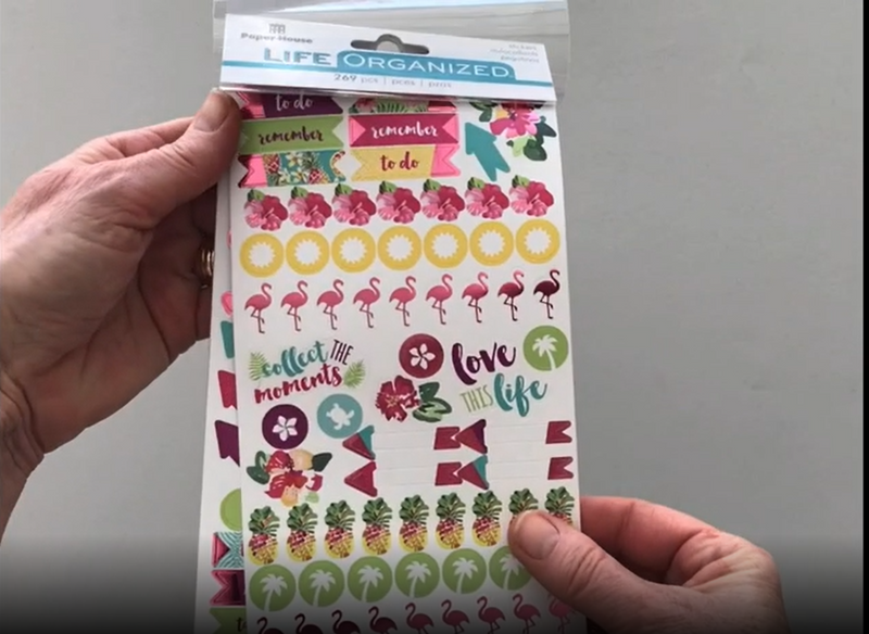 Female hands pick up and flip through the pages of the "Embrace Today" planner stickers booklet to show each page of stickers in detail. There are four pages in this sticker book by Paper House Productions.