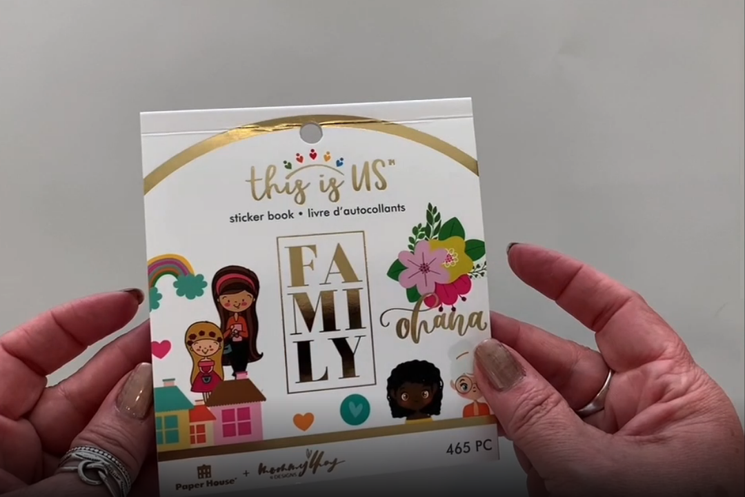 Female hands pick up and flip through the pages of this family "Mommy Lhey" stickers booklet to show each page of stickers in detail. There are twelve pages in this sticker book by Paper House Productions.