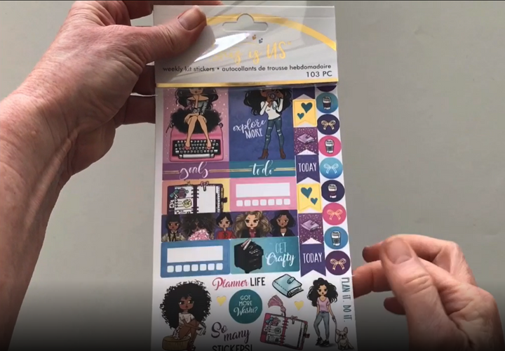 Female hands pick up and flip through the pages of the "Sugary Gal Shop - Planner Girl" planner stickers booklet to show each page of stickers in detail. There are four pages in this sticker book by Paper House Productions.