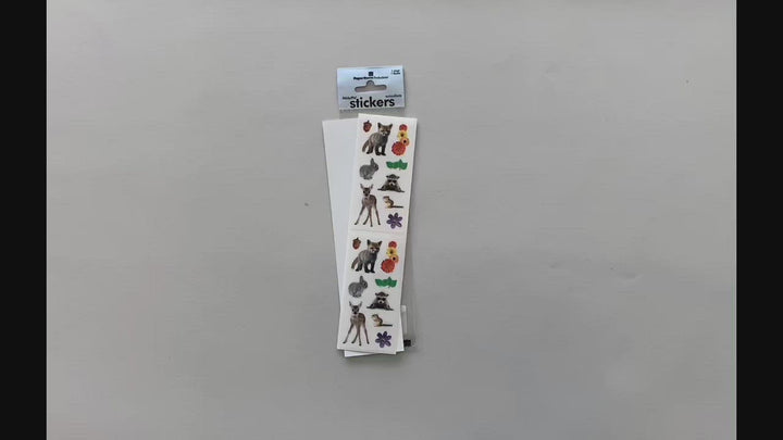 Female hands pick up and show stickers featuring photo real backyard animals and flowers in detail.