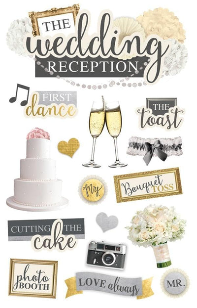scrapbook stickers featuring a gold, black and white wedding theme