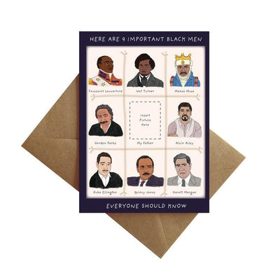 note card featuring illustrations of 8 important black men, shown with brown envelope on white background.
