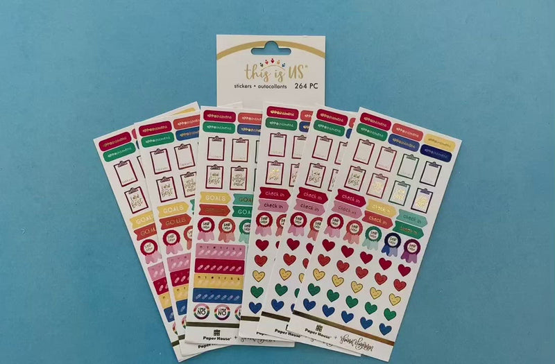 female hands displaying 6 sheets of planner stickers featuring brightly colored mental health trackers, on blue background with package.