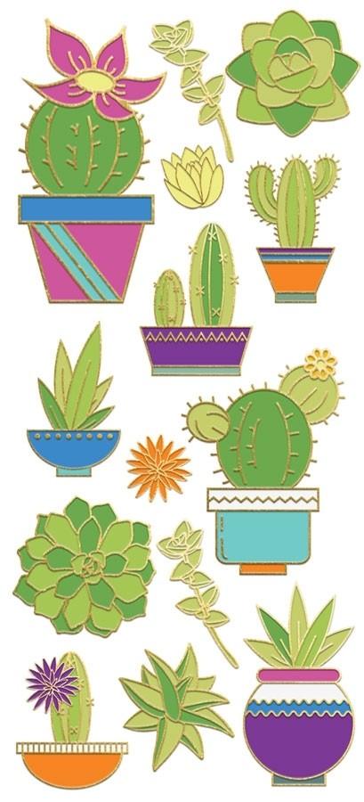 foil stickers featuring illustrated succulents with gold details, shown on white background.