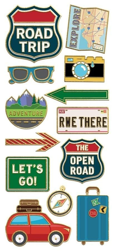 foil stickers featuring colorful, illustrated road trip signs, luggage and arrows with gold details, shown on white background.