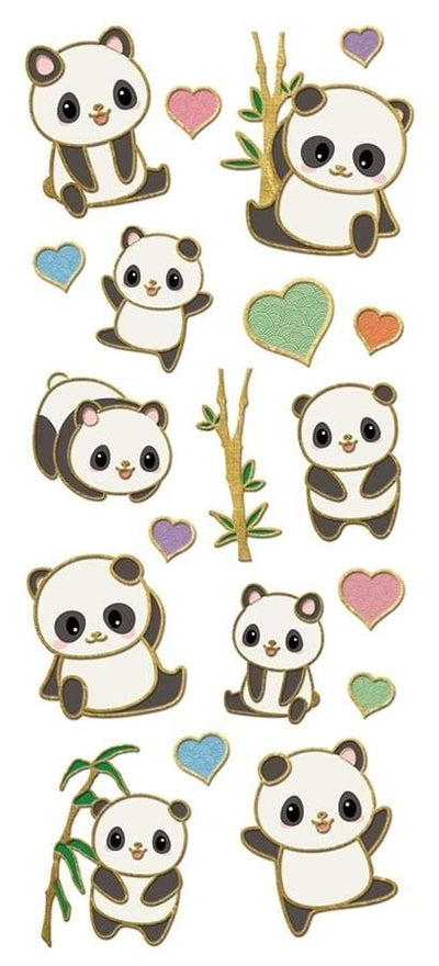 foil stickers featuring illustrated panda bears, bamboo, and hearts with gold details, shown on white background.
