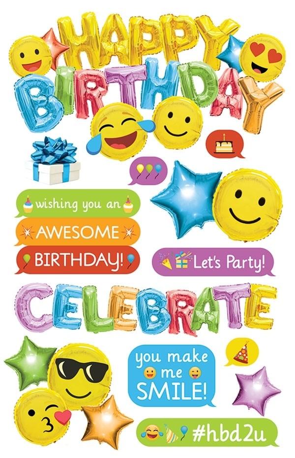 3D scrapbook stickers featuring colorful birthday emoji balloons shown on a white background.