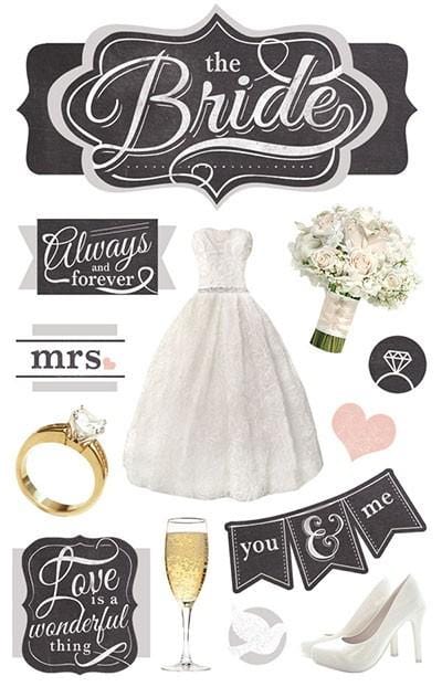 3D scrapbook stickers featuring black and white chalk signs, wedding dress, shoes and ring shown on white background.