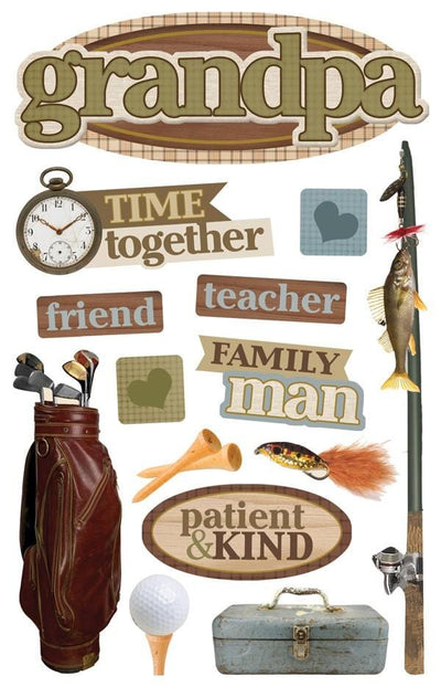 3D scrapbook stickers featuring grandpa, a brown golf bag and a fishing reel.
