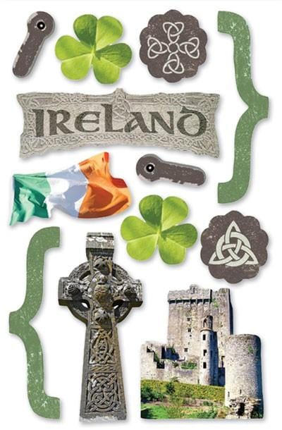 3D scrapbook stickers featuring green clovers, castles and the Irish flag.