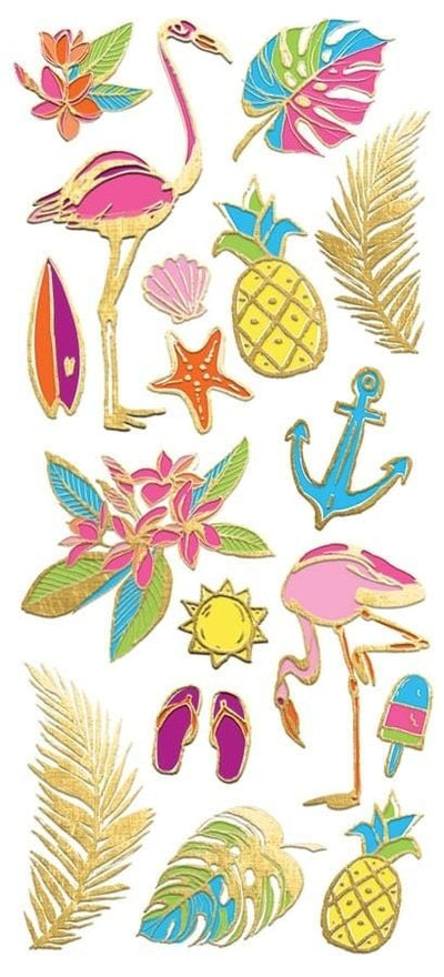 foil stickers featuring colorful tropical florals, flamingos and leaves with gold details, shown on white background.