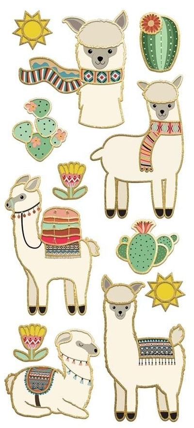 foil stickers featuring illustrated llamas and cacti with gold details, shown on white background.