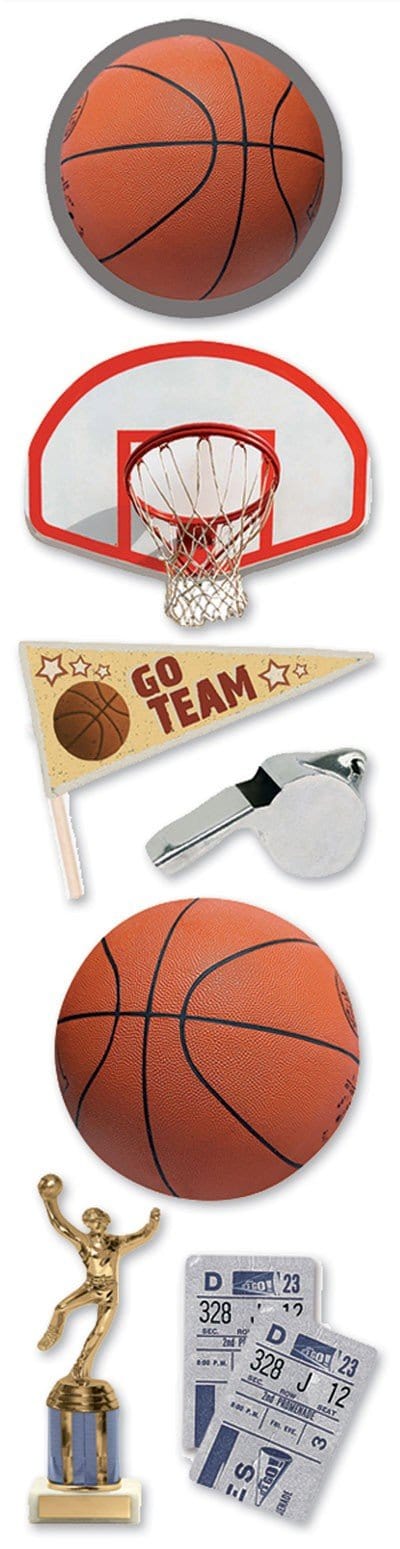 3D scrapbook stickers featuring photo real basketballs, a trophy, a hoop and a whistle shown on a white background.