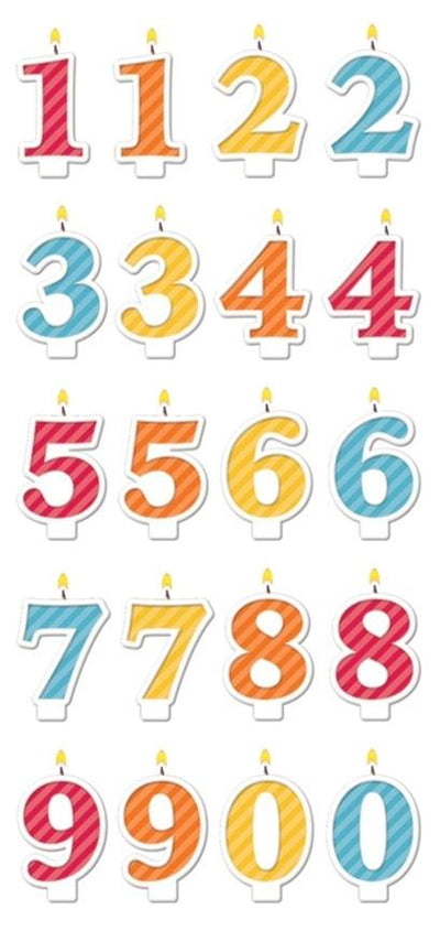puffy stickers featuring colorful, illustrated number candles with wicks shown on white background.
