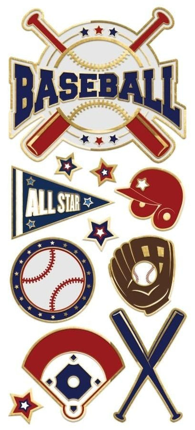 foil stickers featuring illustrated baseballs, bats, mitts and helmets with gold details, shown on white background.