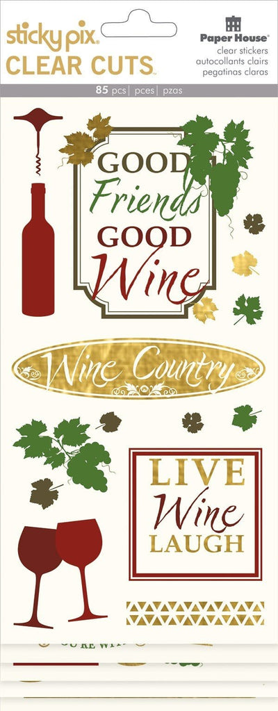 scrapbook stickers featuring illustrated wine bottles, glasses and wine sentiments, shown in package.