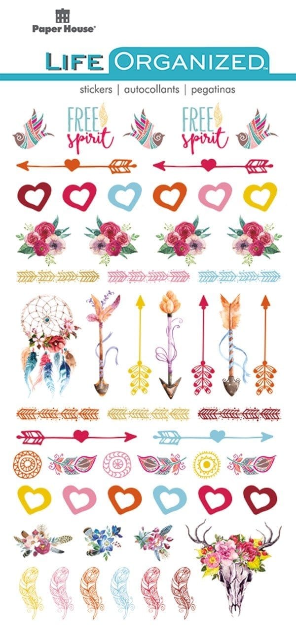 scrapbook stickers featuring Free Spirit arrows, feathers and heart illustrations, shown in package.