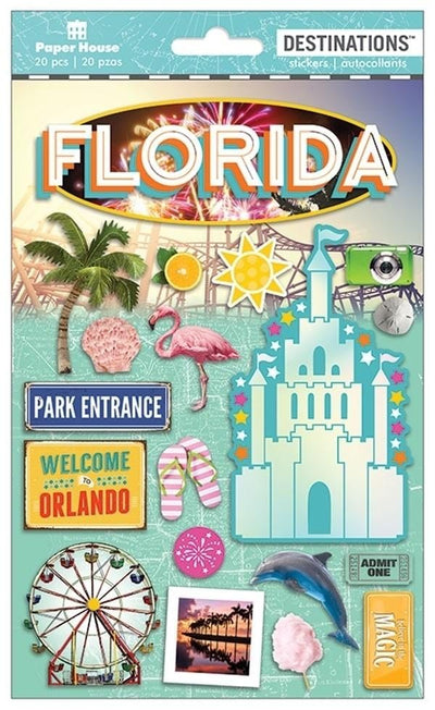 scrapbook stickers featuring Florida, theme park castle, palm trees and dolphin on a teal background.