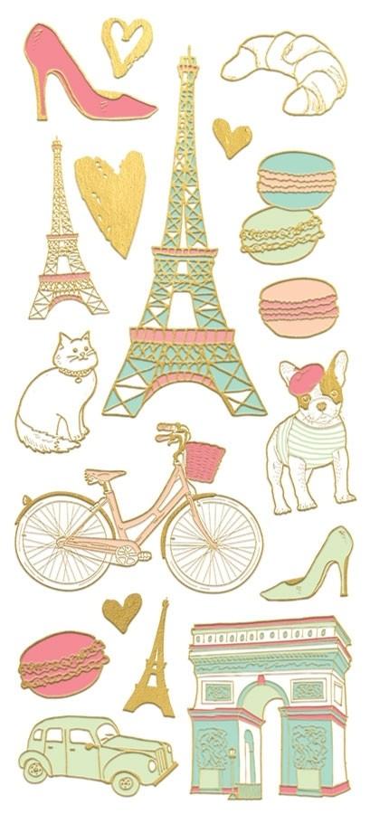 foil stickers featuring illustrated Eiffel Towers, croissants, french bulldog with gold details, shown on white background. 