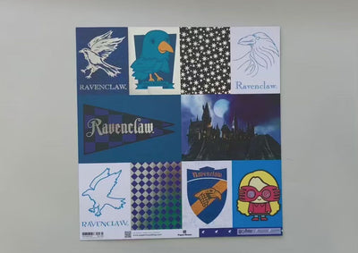 Female hands display Harry Potter scrapbook paper featuring Ravenclaw tags with foil details on one side, and a blue pattern of the Ravenclaw mascot on the reverse.