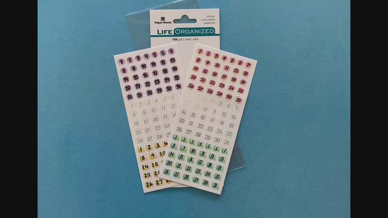 female hands displaying 2 sheets of planner stickers featuring numbers in colorful circles, on blue background with package.