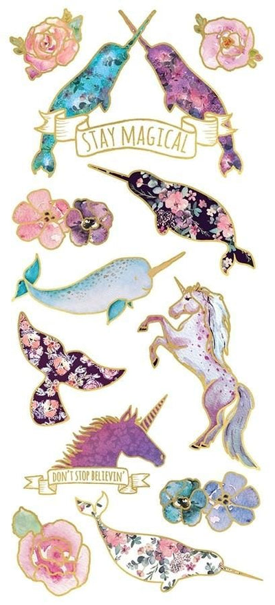 foil stickers featuring colorful illustrated narwhals and unicorns with gold details, shown on white background.