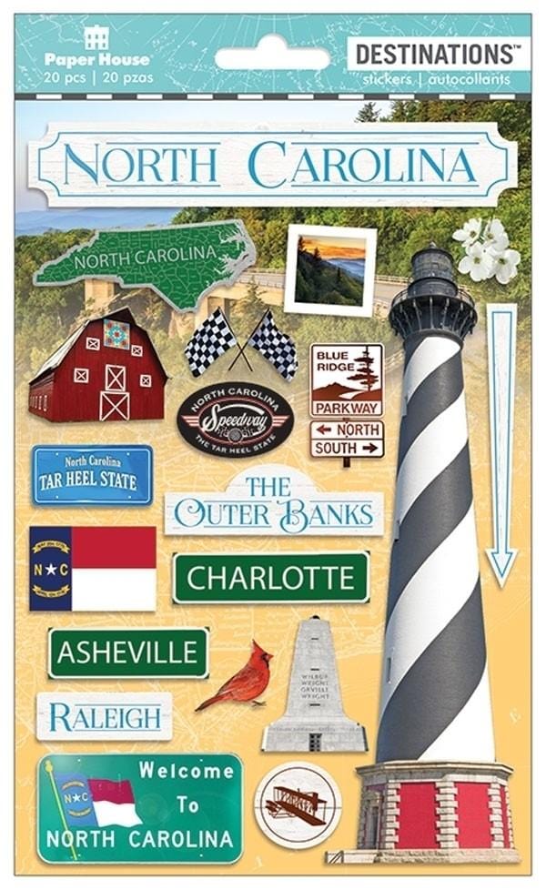 scrapbook stickers featuring photo real images of a light house, the beach and a red cardinal shown in package.