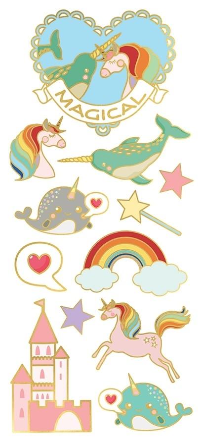 foil stickers featuring colorful illustrations of unicorns, rainbows and narwhals with gold details, shown on white background.