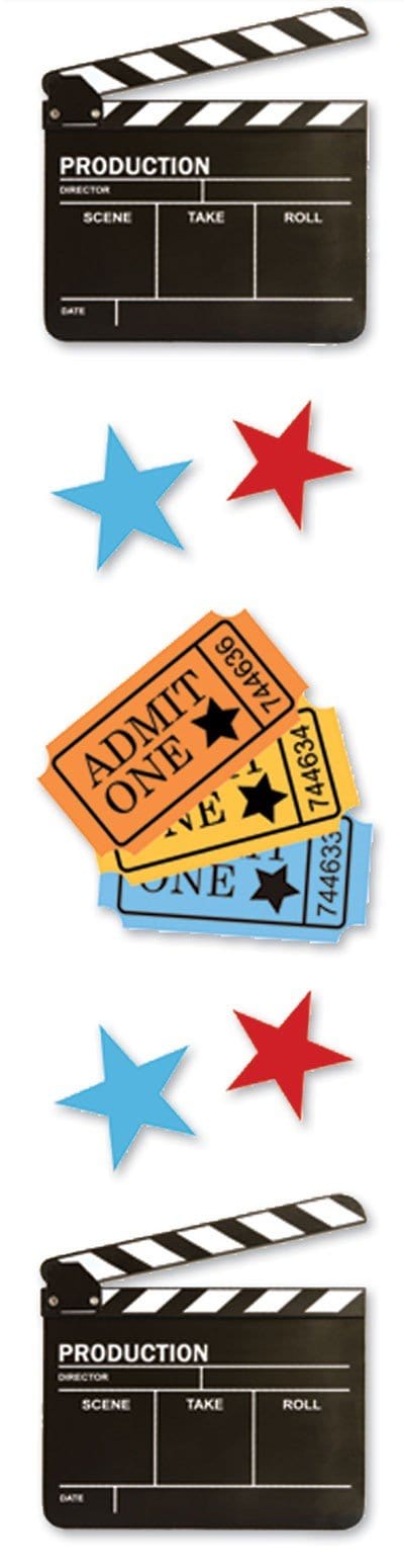 3D scrapbook stickers featuring movie film clap boards, stars and movie tickets shown on a white background.