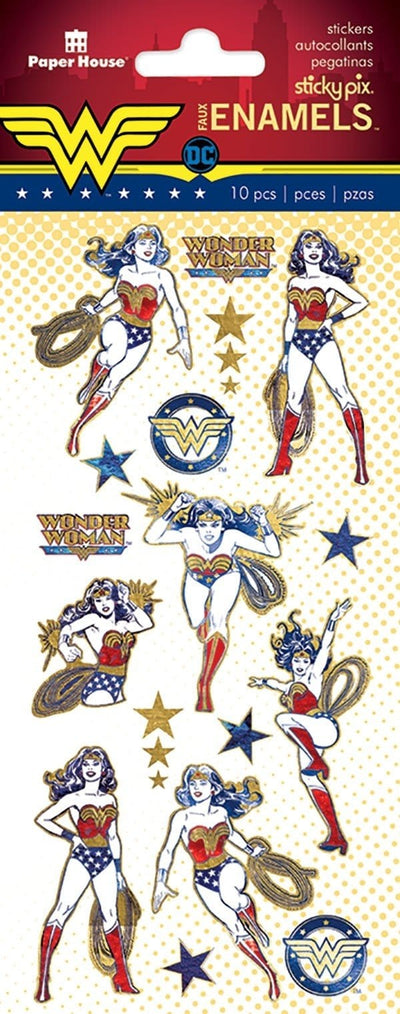 foil stickers featuring Wonder Woman in various poses with gold details, shown in pacckage.