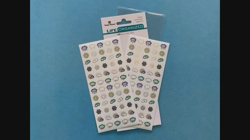 female hands displaying 2 sheets of planner stickers featuring illustrated clouds, suns and snowflakes, on blue background with package.