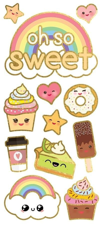 foil stickers featuring kawaii sweets with gold details, shown on white background.