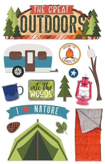 scrapbook stickers are shown in this image featuring colorful, illustrated camping and nature images.