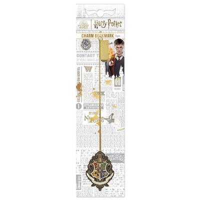 Harry Potter bookmark featuring a colorful gold enamel crest on a gold chain with clip shown in packaging on a white background.