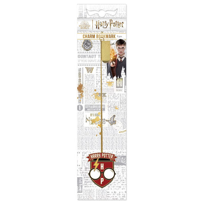 Harry Potter bookmark featuring a red crest with glasses and HP with a gold chain and gold clip shown in packaging on a white background.