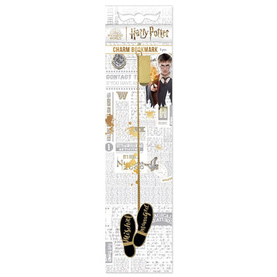 Harry Potter bookmark featuring an enamel charm with Mischief Managed on black shoe soles hanging from a gold chain with a gold clip shown in package on white background.