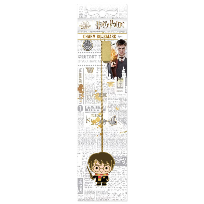 Harry Potter bookmark featuring a Chibi Harry enamel charm hanging from a gold chain with a gold clip shown in package on a white background.