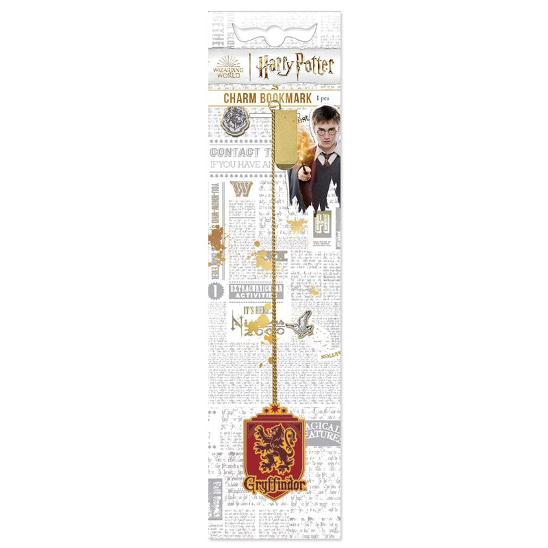 Harry Potter bookmark featuring an enamel Gryffindor shield hanging from a gold chain with a gold metal clip shown in package on a white background.