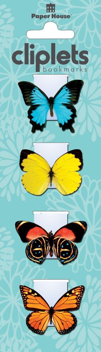 4 magnetic bookmarks featuring die cut butterflies, shown in teal package.