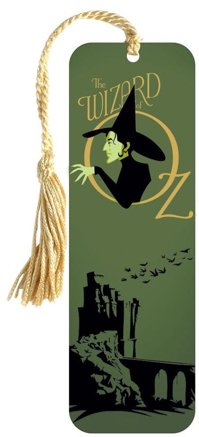 Bookmark featuring Wizard of Oz illustrated wicked witch with castle shown with gold tassel on green background.